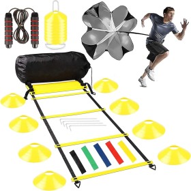 Jewaytec Set de Entrenamiento de Fútbol Agility Speed Ladder, Escalera de Coordinación 8m, 16 Conos Accesorios de Paracaidas