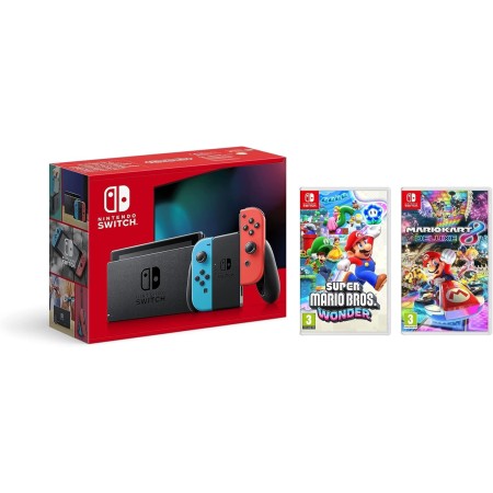 Consola Nintendo Switch - Color Azul Neón/Rojo Neón + Super Mario Bros. Wonder + Mario Kart 8 Deluxe