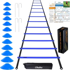 Ohuhu Juego de Entrenamiento Escalera de 12 peldaños con Tutorial, con 12 Conos de Campo y 4 Clavos. Ideal para Juego de pies