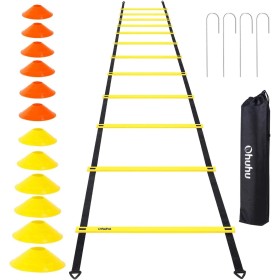 Ohuhu Juego de Entrenamiento Escalera de 12 peldaños con 12 Conos de Campo y 4 Clavos. Ideal para Juego de pies para Ejercicios