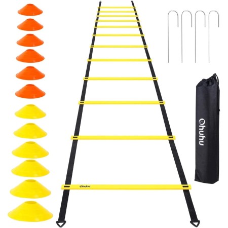 Ohuhu Juego de Entrenamiento Escalera de 12 peldaños con 12 Conos de Campo y 4 Clavos. Ideal para Juego de pies para Ejercicios