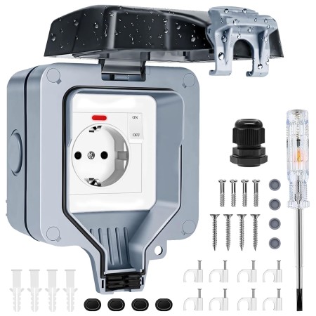Enchufe Exterior Impermeable, Toma de Corriente IP66, Estanco con Interruptor, Conector de Cable y Tapa Abatible, para Cocina