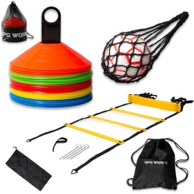 NPS WORKS Kit de Entrenamiento de Fútbol. 50 Conos de Entrenamiento, Escalera de Entrenamiento (6 m/12 peldaños), Bolsa de Red y