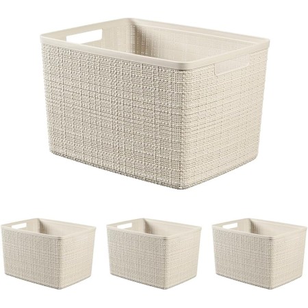 Curver Juliet- Cesta Rectangular Grande 20L, Almacenaje, Ordenación, 100% plástico Reciclado, Acabado Yute, 36x28xH23 cm, Blanco