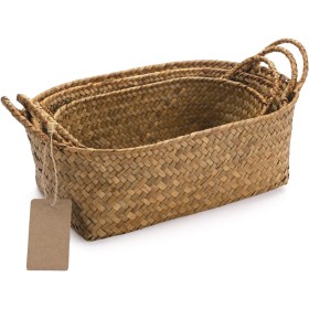 Seagrass Cestas de Almacenamiento con Asas Cestos Mimbre Decoración de Ratán Natural Oval 3 Piezas (Grande + Mediano + Pequeño)
