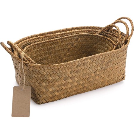 Seagrass Cestas de Almacenamiento con Asas Cestos Mimbre Decoración de Ratán Natural Oval 3 Piezas (Grande + Mediano + Pequeño)