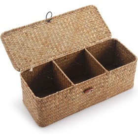 Cestos Almacenaje Seagrass con Tapa Caja Mimbre Rectangular con Compartimentos Decorativas para Organizar Juguetes de Papel