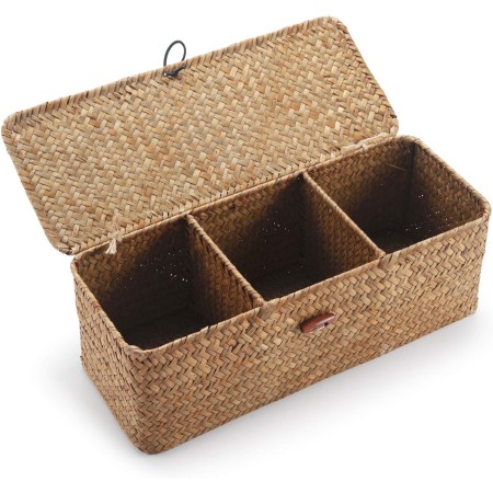 Cestos Almacenaje Seagrass con Tapa Caja Mimbre Rectangular con Compartimentos Decorativas para Organizar Juguetes de Papel