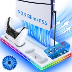 3 en 1 Soporte PS5 con Cargador Mando y Ventilador de 3 Velocidades, Soporte Vertical PS5 para Playstation 5 Slim & Standard