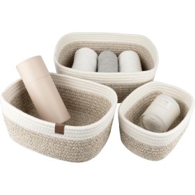 Cestas almacenaje de algodón tejido con cuerda, juego de cajas, baño, organizadoras Cocina y Dormitorio, bebe, Blanco y marrón