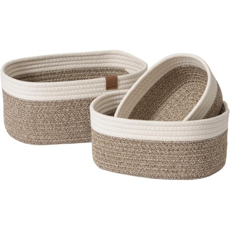 Cestas almacenaje de algodón tejido con cuerda, juego de cajas, baño, organizadoras Cocina y Dormitorio, bebe, Blanco y marrón
