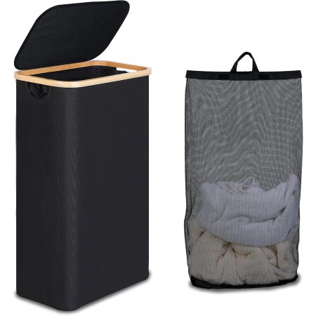 efluky 63L Slim Linen Basket, Cesto Delgado para Ropa con Tapa, Bandeja Plegable para Ropa Gris Claro con Asas de Bambú y Bolsa