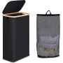 efluky 63L Slim Linen Basket, Cesto Delgado para Ropa con Tapa, Bandeja Plegable para Ropa Gris Claro con Asas de Bambú y Bolsa