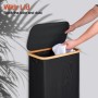 efluky 63L Slim Linen Basket, Cesto Delgado para Ropa con Tapa, Bandeja Plegable para Ropa Gris Claro con Asas de Bambú y Bolsa