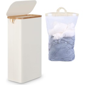 efluky Cesto Ropa Sucia Estrecho 63L, Cesta Ropa Sucia con Tapa, Beige Cesto de Ropa Plegable con Asas de Bambú y Bolsa