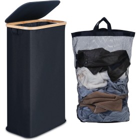 efluky Cesto Ropa Sucia con Tapa 63L, Cesta Ropa Sucia Estrecho de Bambú, Cesta de Almacenamiento, Cubo Ropa Sucia Pequeño