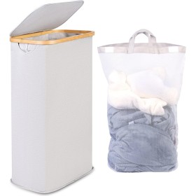 efluky 63L Slim Linen Basket, Cesto Delgado para Ropa con Tapa, Bandeja Plegable para Ropa Gris Claro con Asas de Bambú y Bolsa