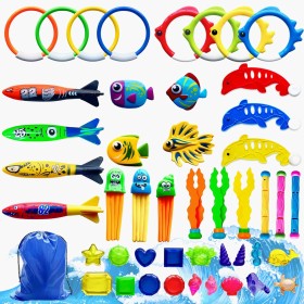 45 Piezas Juguetes de Buceo para Nadar bajo el Agua, Conjunto para Piscina Niños, Incluiye Aros de Buceo, Palos, y Juguetes