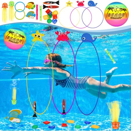 Juguete de Buceo, 27 Piezas Juegos de Agua para Niños con Pelota de Playa, Juguetes de Piscina para Niños de Verano con Bolsa de