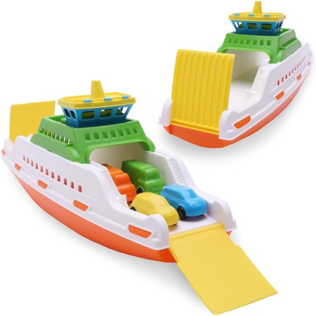 Toyland® 39cm (15") Ferry Colorido de con Rampas Móviles y 4 Minicoches - Juguete Acuático Flotante para Niños - Juguetes para