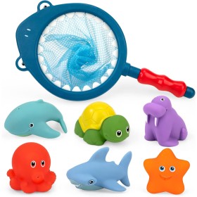 Juguetes de Baño, 7 Pcs Juguetes de Natación del Animales Flotante con Red de Pesca, Juguete de Goma Diversión para Piscina de