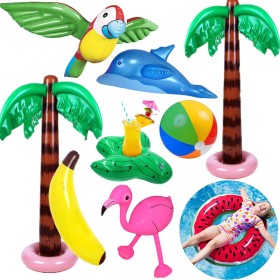 9PCS Inflables Palmeras Flamingo Juguetes,Pelotas de Playa de plátano Dolphin Parrot,90CM Flotador Inflable de Piscina,Hawaii