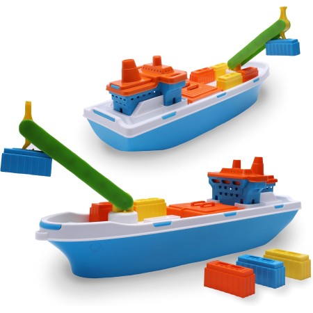 Toyland® 41cm (16") Barco de Carga Colorido de con Puertas Móviles, Grúa y 6 Contenedores de Plástico - Juguete Acuático
