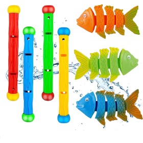 Juguetes de Buceo, Juguetes para Nadar bajo el Agua, Juguete Acuático para Piscina​, 4PCS Sticks de Buceo y 3PCS Pescados Salto