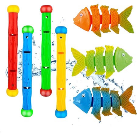 Juguetes de Buceo, Juguetes para Nadar bajo el Agua, Juguete Acuático para Piscina​, 4PCS Sticks de Buceo y 3PCS Pescados Salto