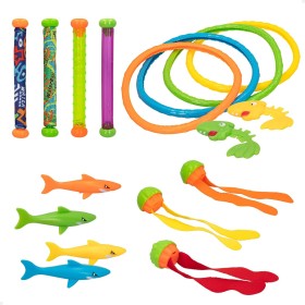COLORBABY 49536, Set juguetes buceo 17 piezas, CB Toys, Juegos para bucear en el agua, Incluye 4 palos, 4 aros, 4 tiburones, 3