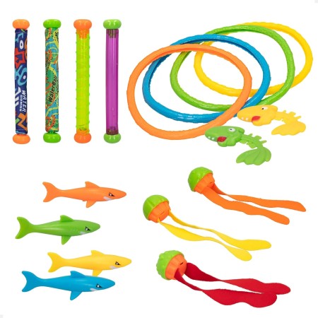 COLORBABY 49536, Set juguetes buceo 17 piezas, CB Toys, Juegos para bucear en el agua, Incluye 4 palos, 4 aros, 4 tiburones, 3