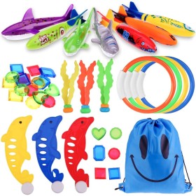 34pcs Juguetes de Buceo Conjunto para Niños Incluir Torpedos Bandidos*4,Anillos de Buceo*4,Algas Marinas*3,Gemas de Buceo