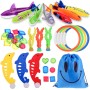 34pcs Juguetes de Buceo Conjunto para Niños Incluir Torpedos Bandidos*4,Anillos de Buceo*4,Algas Marinas*3,Gemas de Buceo