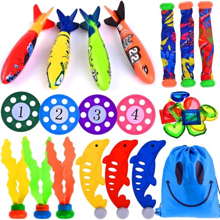 28pcs Juguete de Piscina, con Palo de Buceo, Torpedos Bandidos, Dive Gems, Juegos para Niños