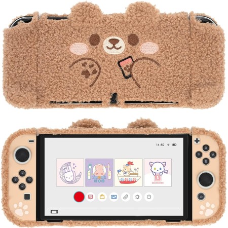 GeekShare Linda Funda Protectora de Felpa Compatible con Nintendo Switch y Joy con - Absorción de Golpes y antiarañazos - Oso de