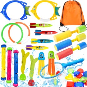 Juguete de Buceo,28pcs Juguetes de Buceo Conjunto para Niños,Incluir Anillos de Buceo,Torpedos Bandidos,Mochila con