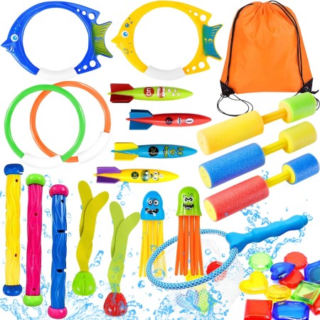 Juguete de Buceo,28pcs Juguetes de Buceo Conjunto para Niños,Incluir Anillos de Buceo,Torpedos Bandidos,Mochila con