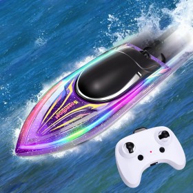 Barco Teledirigido, Lancha Teledirigida con Luces LED, 2.4GHz Barco RC Rápido e Impermeable para Piscinas y Lagos, Juguete