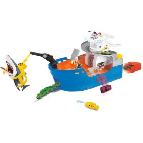 Barco tiburón con luz y Sonido: grúa de Trabajo, Lanzador de Botes de Rescate, almacenaje, Tirador de Coches, Incl. 1 vehículo