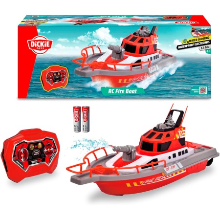 Dickie Toys 201107000- Lancha de Bomberos Radio Control 38cm, 2 Canales, 27 MHz, Carga por USB, Velocidad Punta 6km/h, para