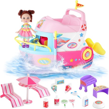 deAO Juguetes para Yate, Barco con Tobogán, Muñeca con Cabello, Silla de Playa Reclinable, Juguete de Comida de Helado, Crucero