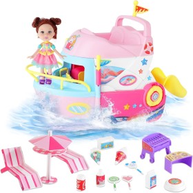 deAO Juguetes para Yate, Barco con Tobogán, Muñeca con Cabello, Silla de Playa Reclinable, Juguete de Comida de Helado, Crucero