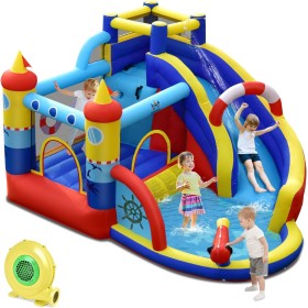 COSTWAY Castillo Hinchable Acuatico con Soplador, 6 en 1 Castillo Hinchable para niños 3-10 Años con 3 Niños, 360X290X200CM,