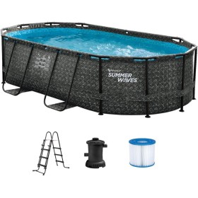 Vente-unique - Piscina tubular ovalada gris oscuro con bomba filtrante con cartucho - Ancho 424 x Prof. 250 x Alt. 100 -
