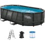 Vente-unique - Piscina tubular ovalada gris oscuro con bomba filtrante con cartucho - Ancho 424 x Prof. 250 x Alt. 100 -