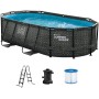 Vente-unique - Piscina tubular ovalada gris oscuro con bomba filtrante con cartucho - Ancho 424 x Prof. 250 x Alt. 100 -