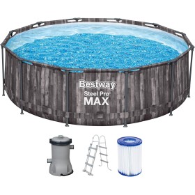 Bestway Steel Pro MAX Frame - Piscina Redonda (366 x 100 cm, Incluye Bomba de Filtro, Efecto Madera)