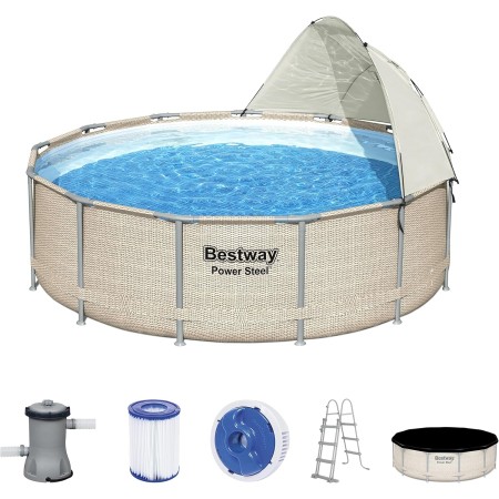 Bestway Steel Pro MAX Frame - Piscina Redonda (366 x 100 cm, Incluye Bomba de Filtro, Efecto Madera)