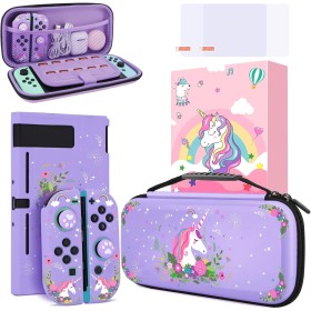 JYPS Unicorn Carry Case for Nintendo Switch with Hard Protective Cover, Purple Travel Carrying Switch Case Accessories Kit,