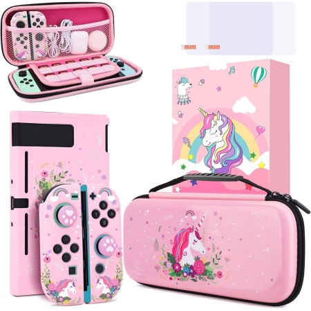 JYPS Unicorn Carry Case for Nintendo Switch with Hard Protective Cover, Purple Travel Carrying Switch Case Accessories Kit,